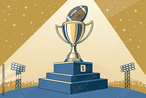 Gleaming football trophy cup on a tiered podium, bathed in a dramatic spotlight, symbolizing victory and championship achievement.