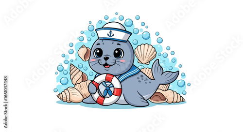 vector Cute Cartoon Seal Sailor with Lifebuoy
