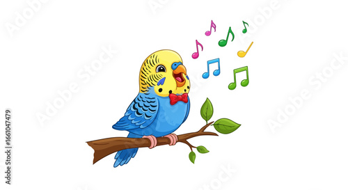 vector cute Budgie Singing with Music Notes