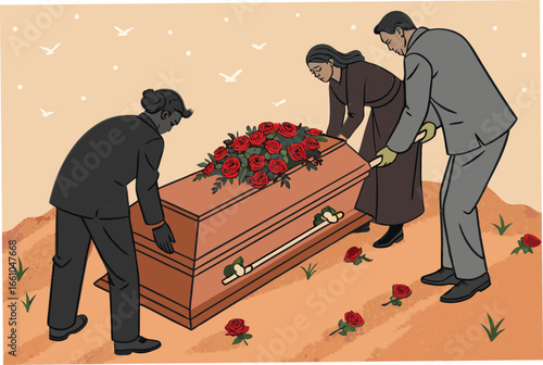 Mourners tenderly lay red roses on a coffin during a somber funeral service.