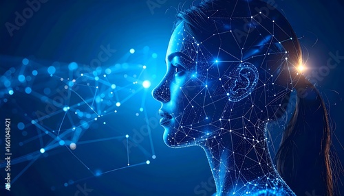 Digital woman profile, glowing network