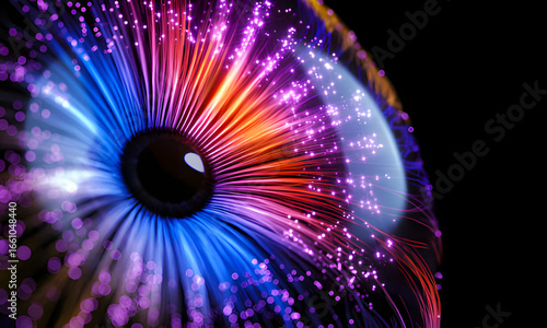 Abstract futuristic eye with colorful fiber optics and glowing particles