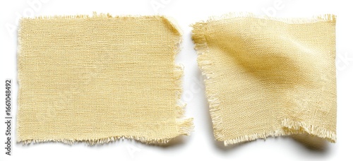 Two pieces of torn pale yellow fabric, frayed edges