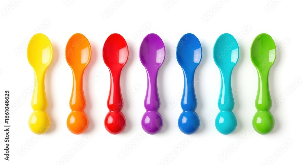 Colorful plastic spoons arranged in a rainbow pattern Colorful plastic spoons arranged in a rainbow pattern