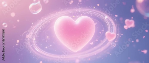 Romantic Valentine's Day illustration with shiny pink hearts and a light frame on an abstract background