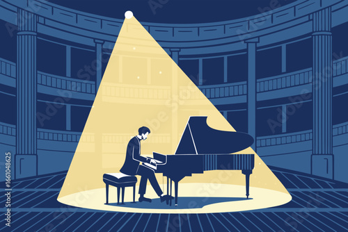 Symphony hall interior, grand piano, soloist performing.