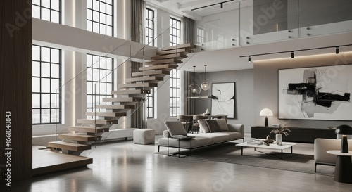 Modern loft interior with floating staircase, large windows, and elegant minimalist decor.