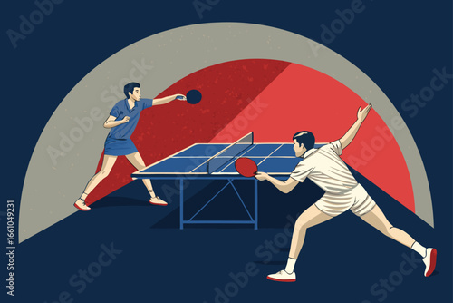 Olympic table tennis players in intense mid-game action.