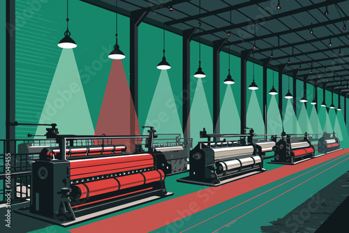 Textile factory interior with multiple operational weaving machines.