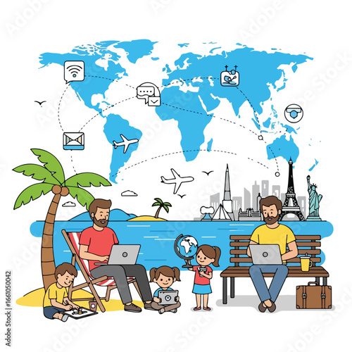Family remote working and learning from different locations with world map background design concept