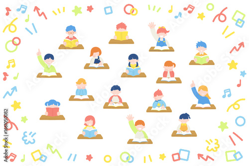 机で勉強をするこども達と簡単なアイコンのフラットなイラスト(セット)
