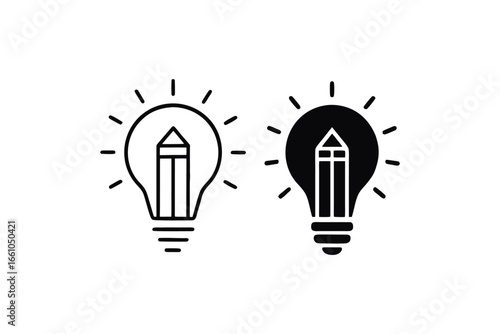 Creative idea generation with pencil lightbulb symbol in black and white representing innovative thinking and solutions design concept with vector illustration for creativity