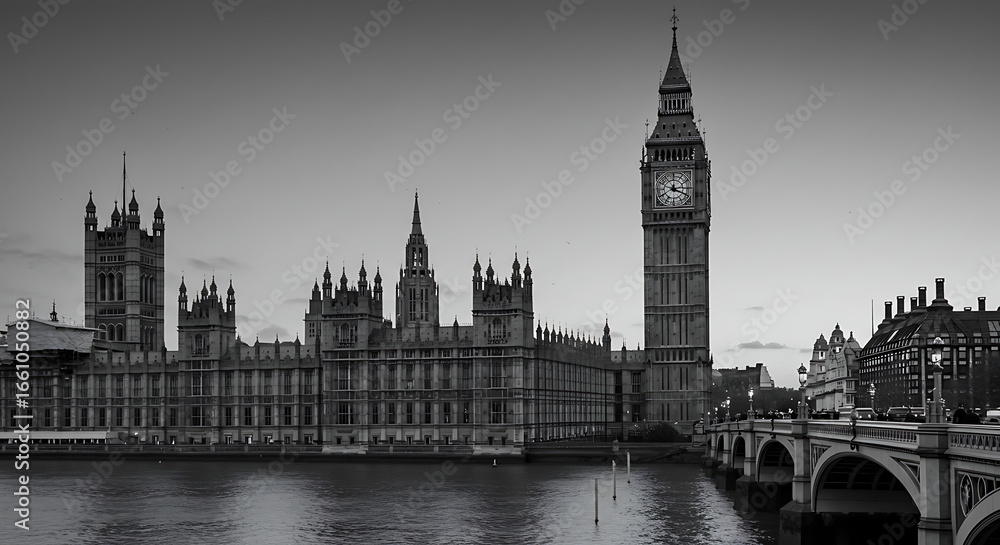 Naklejka premium A black and white photo of the Houses of Parliament and Big Ben.