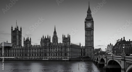 A black and white photo of the Houses of Parliament and Big Ben.