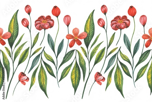 Wallpaper Mural Watercolor Floral Border Red  Green Flower Pattern Torontodigital.ca