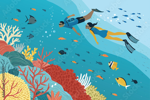 Tourists snorkeling above a vibrant coral reef teeming with fish.