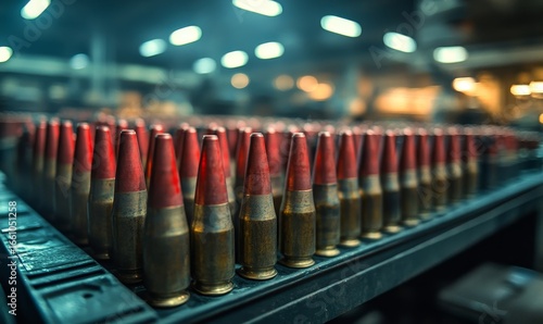 Rocket artillery ammunition production in an industrial setting, with fast and precise work being carried out in a military complex. The urgency and importance of high-quality, Generative AI