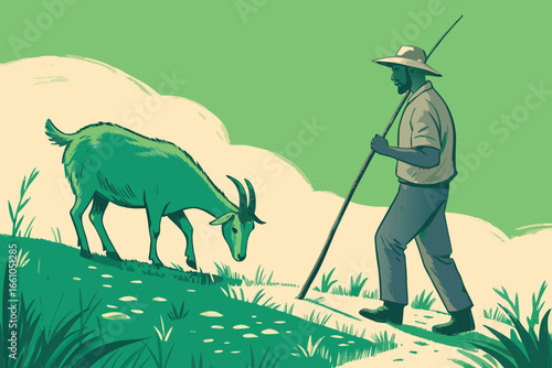 A serene rural scene unfolds as a single goat diligently grazes under the watchful gaze of a farmer holding a rustic stick.