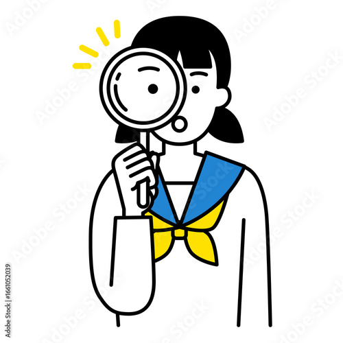 虫眼鏡を覗く女子学生