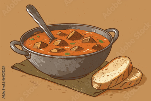 Hearty goulash soup served in a rustic metal bowl, accompanied by crusty bread slices, perfect comfort food.