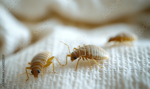 Closeup of bed bugs crawling on white cloth, highlighting the need for effective pest management strategies to address increasing infestations in residential and hotel settings, Generative AI