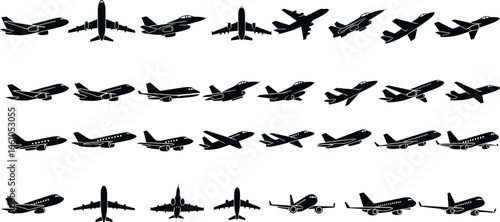 Airplane silhouette icon set featuring commercial jets, propeller planes, and military aircraft in multiple views for aviation and transport design