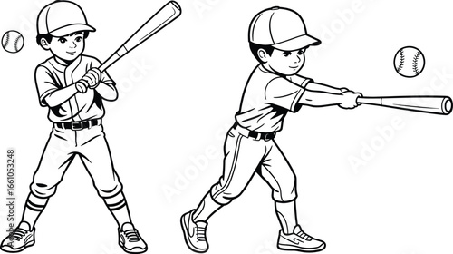 Cartoon baseball player in batting stance and hitting pose for sports, children’s activity, athletic illustration, and game design projects
