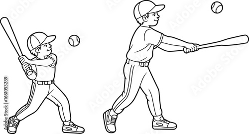 Cartoon kids playing baseball in ready stance and hitting pose for sports, children’s activity, game, and illustration design projects