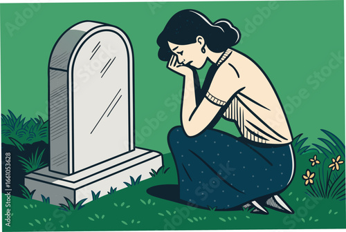 A mournful woman in black weeps at a flat, bold gravestone, a somber scene of remembrance and loss, grief, sorrow, pain.
