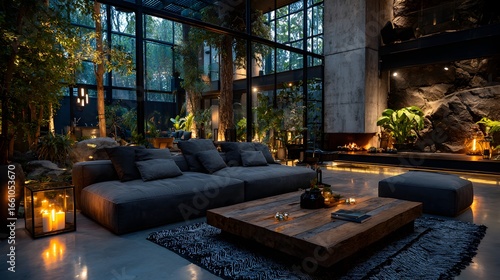 A luxurious modern living room features a comfortable sofa with large overlooking lush greenery outside.