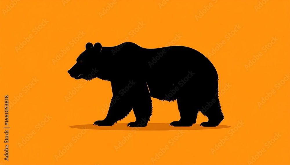 Obraz premium Stylized black bear silhouette walking against a solid orange background graphic