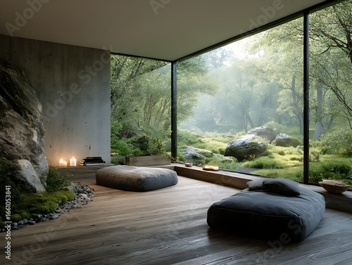 Serene meditation room features floor cushions, large overlooking tranquil forest, foste calm and peace.