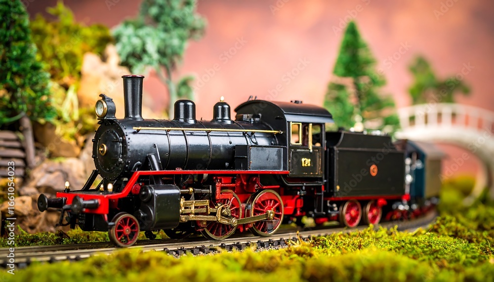 Fototapeta premium Vintage miniature steam train displayed in a detailed landscape setup evoking nostalgia