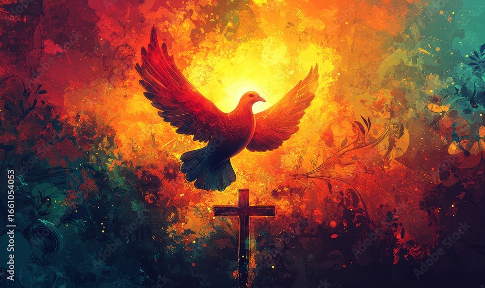 Fototapeta premium Vibrant and colorful religious background designed for social media posts, featuring a peaceful Holy Dove, a cross, and other symbolic elements of Christianity. The artwork is meant, Generative AI