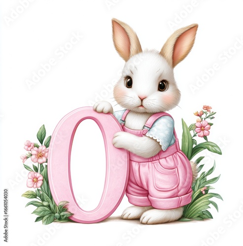 Cute Bunny Holding Pink Number Zero with Flowers