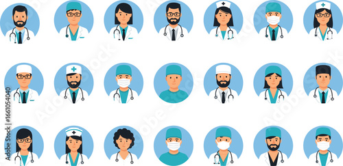 Medical professional icon set featuring doctors, nurses, surgeons, stethoscopes, clipboards, uniforms, and surgical masks for healthcare and hospital design projects