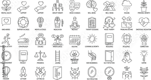 Mental health icon set featuring therapy, mindfulness, resilience, medication, support, physical activity, and self‑reflection symbols for wellness design projectsv