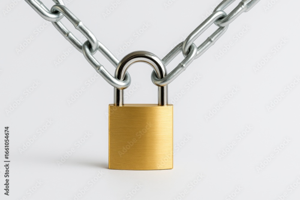 Metal Padlock with Chain on White Background Symbolizing Security, Protection, Safety, and Locking Mechanism in Modern Concept of Safety Measures Metal Padlock with Chain on White Background Symbolizing Security, Protection, Safety, and Locking Mechanism in Modern Concept of Safety Measures