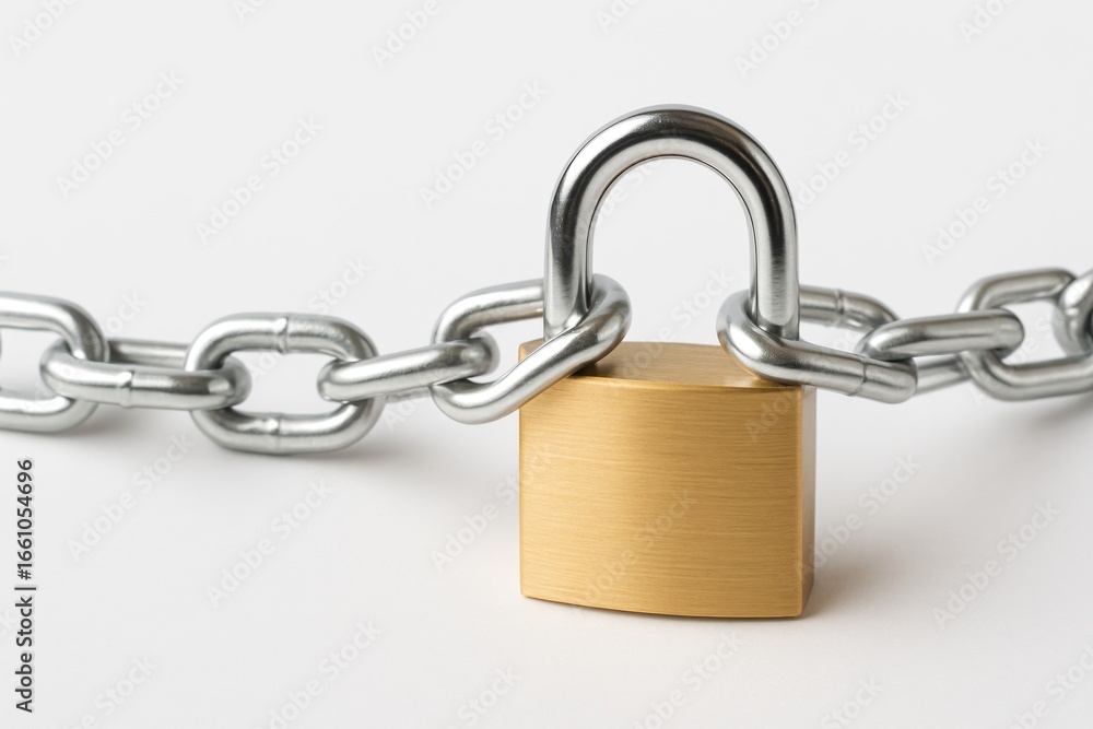 Secure Gold Padlock on Metal Chain Isolated on White Background Representing Safety, Protection, and Security in Digital and Physical Environments Secure Gold Padlock on Metal Chain Isolated on White Background Representing Safety, Protection, and Security in Digital and Physical Environments