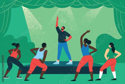 Dynamic group fitness class, energetic instructor leading synchronized exercises, diverse participants, motivating atmosphere, health, wellness, vibrant studio.