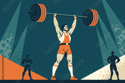 Weightlifter raises barbell overhead at the Olympics.