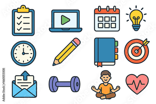 Productivity and wellness icon set. Vector symbols for time management, goals, work life balance, meditation, health, and exercise. Flat cartoon style business collection.