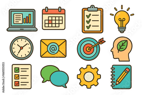 Colorful business icon set for productivity. Time management, planning, goal setting symbols. Creative idea, communication, digital marketing, wellness vector collection.