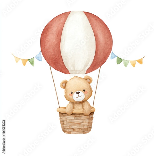 Adorable teddy bear enjoys a whimsical hot air balloon ride, surrounded by colorful bunting. A charming watercolor illustration.
