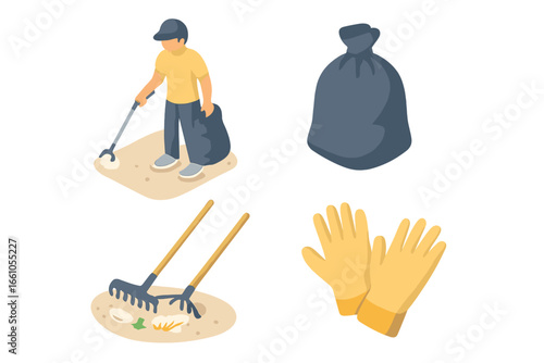 Beach cleanup isometric icon set. Volunteer cleaning ocean coast from plastic pollution. Environmental care concept with grabber tool, trash bag, rake, and gloves vector pack.