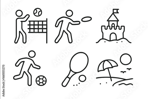 Beach games line icon set. Summer vacation activities symbols. Outdoor sports and leisure pictograms. Volleyball, frisbee, sandcastle, soccer, paddleball, and beach scene.