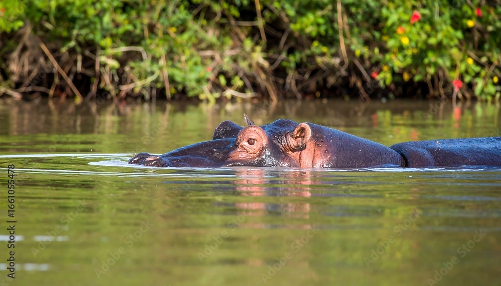 Obraz premium Two Hippos Submerged in Green Water with Lush Vegetation Background.