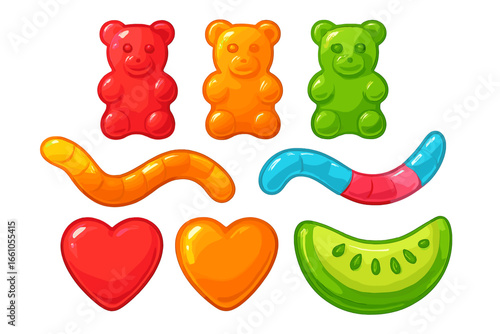 Gummy candies vector set. Colorful jelly sweets collection with bears, worms, hearts, and melon slice. Chewy fruit gum candy for kids. Cartoon dessert snack illustration isolated.