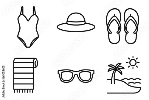 Beach vacation icon set. Summer holiday outline symbols. Travel essentials like swimsuit, sun hat, flip-flops, towel, sunglasses. Tropical seaside resort vector elements.