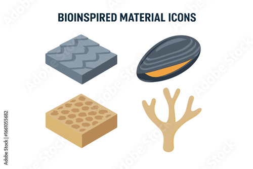 Bioinspired materials isometric icon set. Biomimicry and biomimetics concept. Sharkskin surface, mussel adhesive, porous bone structure, coral. Science and innovation vector.